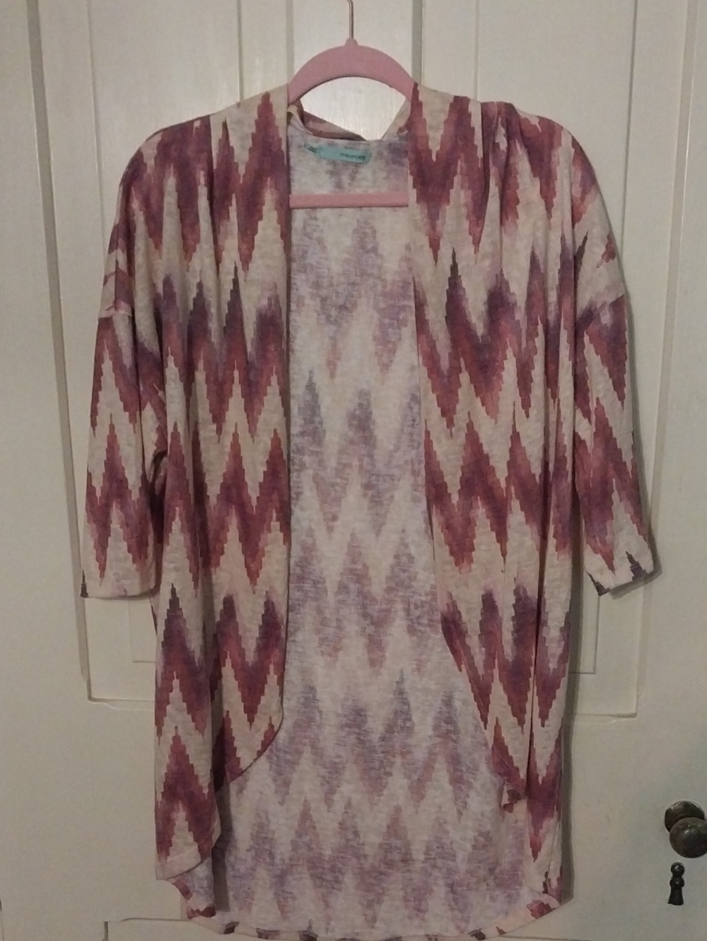 Lightweight Open-Front Chevron Cardigan — Mauve & Cream